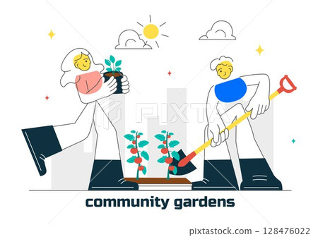 Community Garden Vector Illustration Featuring People Enjoying Their Time at a Public Farm in Town While Taking Care of Plants in a Environmental 128476022