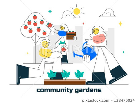 Community Garden Vector Illustration Featuring People Enjoying Their Time at a Public Farm in Town While Taking Care of Plants in a Environmental 128476024