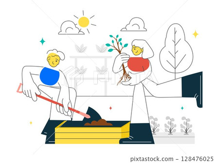 Community Garden Vector Illustration Featuring People Enjoying Their Time at a Public Farm in Town While Taking Care of Plants in a Environmental Community Garden Vector Illustration Featuring People Enjoying Their Time at a Public Farm in Town While Taking Care of Plants in a Environmental 128476025