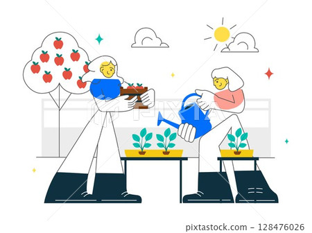 Community Garden Vector Illustration Featuring People Enjoying Their Time at a Public Farm in Town While Taking Care of Plants in a Environmental 128476026