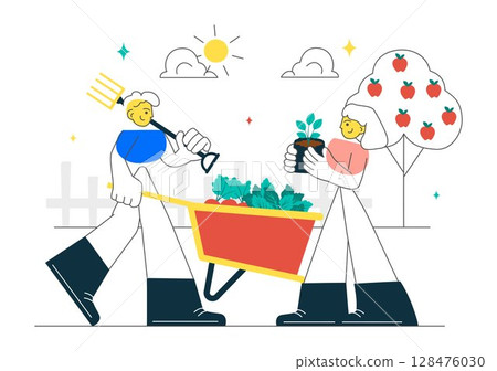 Community Garden Vector Illustration Featuring People Enjoying Their Time at a Public Farm in Town While Taking Care of Plants in a Environmental Community Garden Vector Illustration Featuring People Enjoying Their Time at a Public Farm in Town While Taking Care of Plants in a Environmental 128476030
