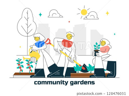 Community Garden Vector Illustration Featuring People Enjoying Their Time at a Public Farm in Town While Taking Care of Plants in a Environmental Community Garden Vector Illustration Featuring People Enjoying Their Time at a Public Farm in Town While Taking Care of Plants in a Environmental 128476031