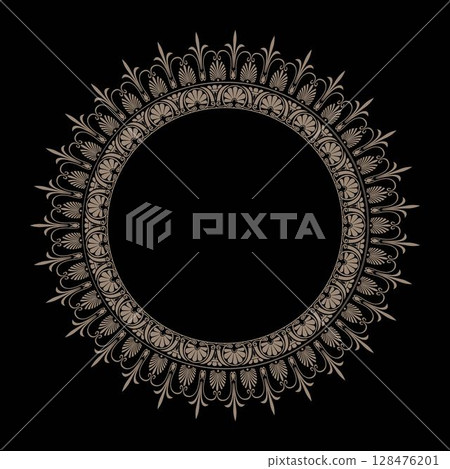 Gold round frame with greek floral meanders. Vector pattern with arabesques, floral elements. Traditional classic ornament. Vintage vector frame. Pattern frame for round surfaces, textiles, embroidery Gold round frame with greek floral meanders. Vector pattern with arabesques, floral elements. Traditional classic ornament. Vintage vector frame. Pattern frame for round surfaces, textiles, embroidery 128476201