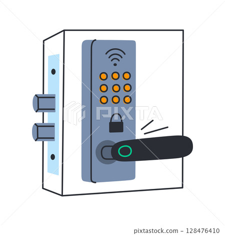 Flat cartoon vector illustration of smart door lock with digital keypad and Wi Fi control. Modern home security device for remote access, keyless entry, automation systems, apartment safety Flat cartoon vector illustration of smart door lock with digital keypad and Wi Fi control. Modern home security device for remote access, keyless entry, automation systems, apartment safety 128476410