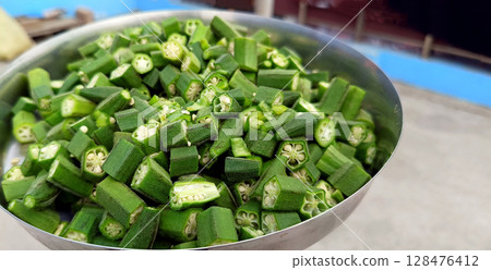 Chopped Fresh Okra in Steel plate Chopped Fresh Okra in Steel plate 128476412