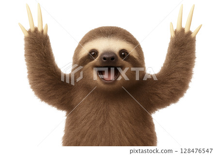 Happy sloth with hands raised in joy 128476547