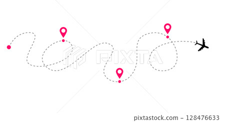 Dotted airplane flight routes with tracking paths and curved dash lines showing plane navigation connections for aviation map design and global air route vector illustration collection 128476633