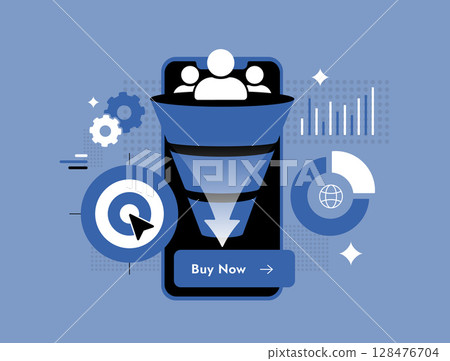 Sales funnel optimization in mobile marketing with conversion tracking business, user interaction metrics and click-to-buy buttons. Sales funnel optimization flat design vector illustration with icon 128476704