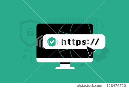 HTTPS security padlock with SSL encryption and lock icon for safe web migration, perfect for secure web site setup visuals. HTTPS security clean modern style vector illustration 128476720