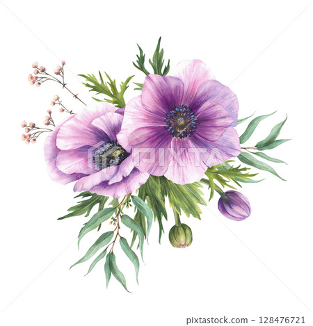 Purple flowers bouquet. Watercolor Anemone, Windflowers Pink buds with eucalyptus green leaves. Isolated realistic clipart for wedding, birthday greeting card floral design. Hand drawn illustration Purple flowers bouquet. Watercolor Anemone, Windflowers Pink buds with eucalyptus green leaves. Isolated realistic clipart for wedding, birthday greeting card floral design. Hand drawn illustration 128476721