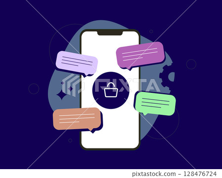 Conversational commerce improves customer engagement through chatbots and messaging apps. Conversational commerce marketing boosts sales with AI automation. Social messenger sales vector illustration Conversational commerce improves customer engagement through chatbots and messaging apps. Conversational commerce marketing boosts sales with AI automation. Social messenger sales vector illustration 128476724
