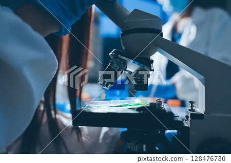 Scientist pipetting medical samples into microplate in laboratory 128476780