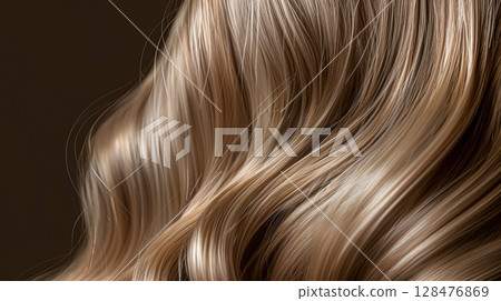 Long, wavy hair in beautiful shades of rich brown and caramel, showcasing healthy, voluminous texture and a luxurious appearance against a dark background. 128476869
