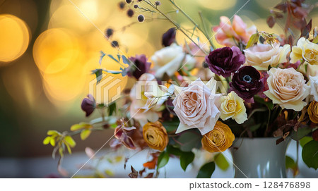 Elegant autumn floral arrangement in warm, muted tones against a bokeh background of golden light. 128476898