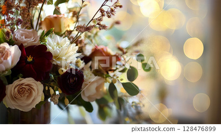 Elegant autumn floral arrangement in warm, muted tones against a bokeh background of golden light. 128476899