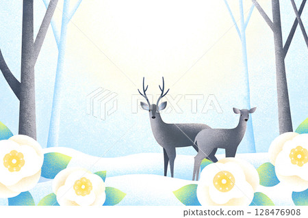 前景中是幾隻鹿，背景是淺色的山茶花 128476908