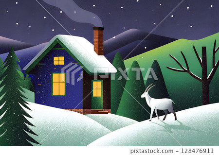 Snowy suburban house and wild goats 128476911