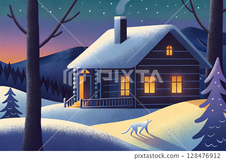 Snowy suburban house and wild fox 128476912