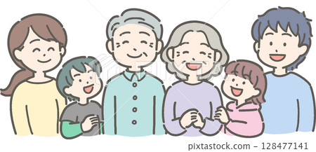 Illustration of a three-generation family with grandparents, parents, and grandchildren smiling 128477141