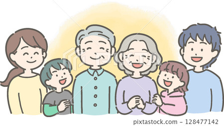 Illustration of a three-generation family with grandparents, parents, and grandchildren smiling Illustration of a three-generation family with grandparents, parents, and grandchildren smiling 128477142
