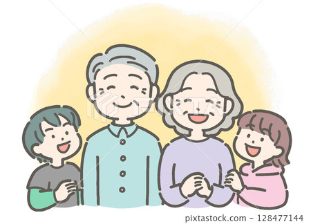 祖父母和孫子女微笑的家庭插圖 祖父母和孫子女微笑的家庭插圖 128477144