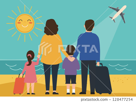 A family with children and suitcases stands against the background of the sea and a flying airplane A family with children and suitcases stands against the background of the sea and a flying airplane 128477254