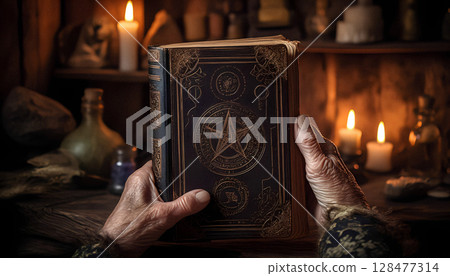 Witchy wrinkled hands hold old grimoire at home among magic tools, view from persons eyes. 128477314