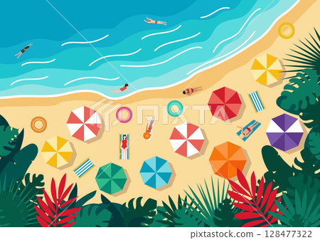 Aerial view of the beach and surf line with vacationers and plants 128477322