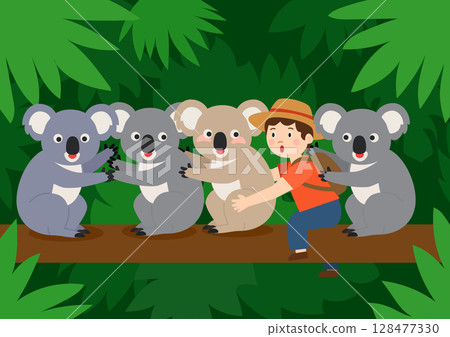 group of koalas and tourist wondering at each other, adventure concept group of koalas and tourist wondering at each other, adventure concept 128477330