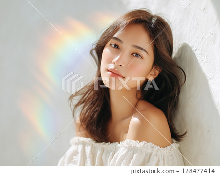 A woman with an impressive off-shoulder look and rainbow 128477414
