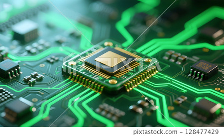 Highly detailed futuristic microchip on green circuit board with glowing accents and gold plated connections in soft lighting Highly detailed futuristic microchip on green circuit board with glowing accents and gold plated connections in soft lighting 128477429