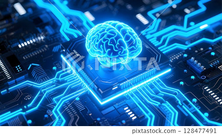 Advanced glowing digital brain on futuristic circuit board representing artificial intelligence and technology innovation 128477491