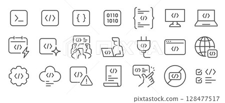 Code icon set. It included coding, programming, binary, developer, api, plugin, and more icons. Code icon set. It included coding, programming, binary, developer, api, plugin, and more icons. 128477517