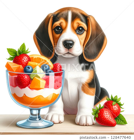 水果芭菲和小獵犬小狗插圖4/傳單和海報材料 128477640