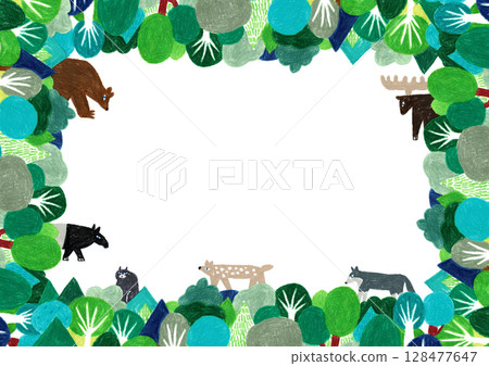 Hand-drawn illustration forest and animal frame A3 size 128477647