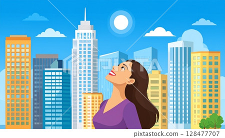 Woman looking up at skyscraper 3 128477707