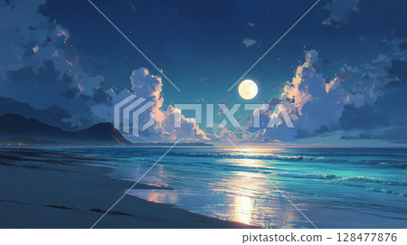 月光照亮海岸:浪漫的夜海 月光照亮海岸:浪漫的夜海 128477876