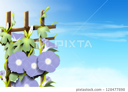 夏季賀卡明信片模板,淡紫色牽牛花映襯著夏日的天空 夏季賀卡明信片模板,淡紫色牽牛花映襯著夏日的天空 128477898