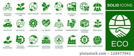 Eco icon set. Collection of ecology, biodiversity, green, solar panel, leaf and more. Vector illustration. Easily changes to any color. 128477941