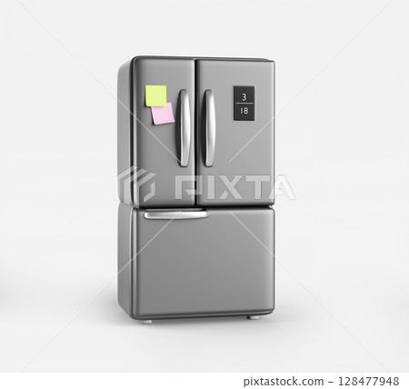 French door refrigerator stainless with freezer 3d render icon. Kitchen fridge with digital display, color paper stickers, handles. Modern silver household appliance for food storage. 3D illustration 128477948