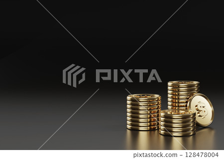 Shiny gold coins stacked on dark background for financial concept. 3D rendering. 128478004