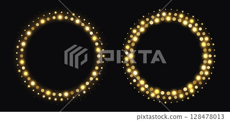 Golden halftone frames, glowing circle borders, round pattern with dots, radial disco luxury design element. 128478013