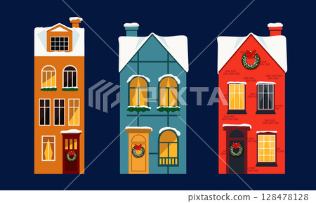Winter houses set with Christmas decorations and snow Winter houses set with Christmas decorations and snow 128478128