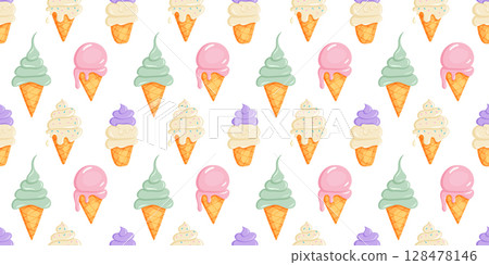 Ice cream pattern with various flavors and waffle cones 128478146