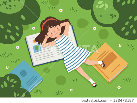 Girl sleeping on open books in summer park 128478197