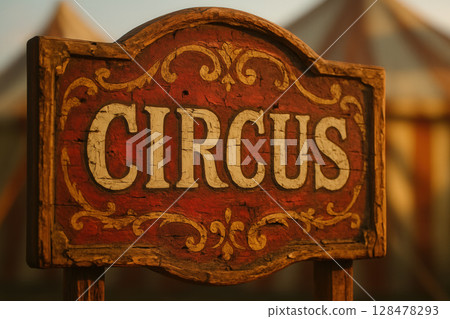 Vintage Circus Marquee Sign with Ornate Red and Gold Detailing 128478293