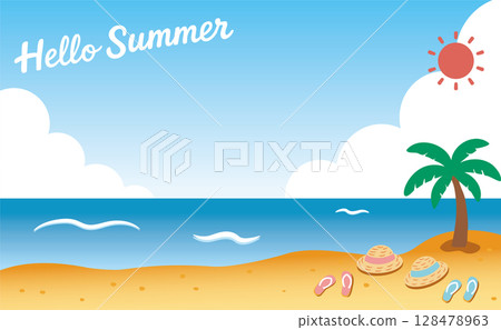 夏日海灘上,草帽和涼鞋排成一列(你好夏天)01 夏日海灘上,草帽和涼鞋排成一列(你好夏天)01 128478963