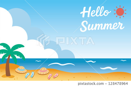 夏日海灘風景,草帽和涼鞋排成一列(你好夏天)02 夏日海灘風景,草帽和涼鞋排成一列(你好夏天)02 128478964