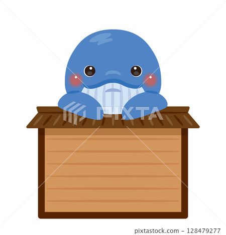 Whale character illustration riding on a wooden sign Whale character illustration riding on a wooden sign 128479277