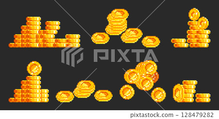 Pixel art gold coin stacks in retro 8 bit style 128479282